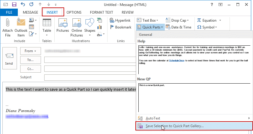 outlook quick parts templates